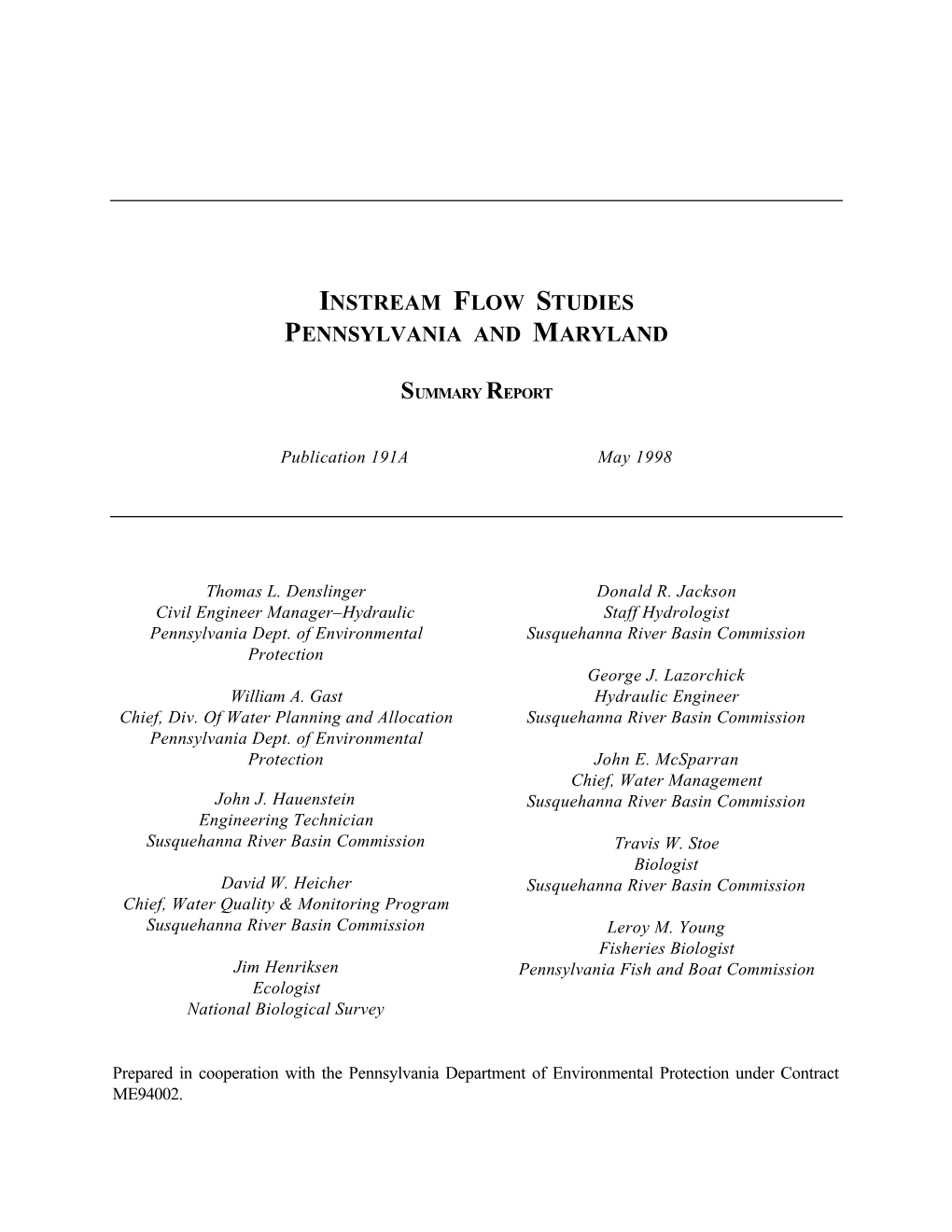 Instream Flow Studies, PA and MD Summary Report