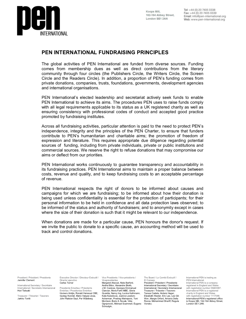 Pen International Fundraising Principles