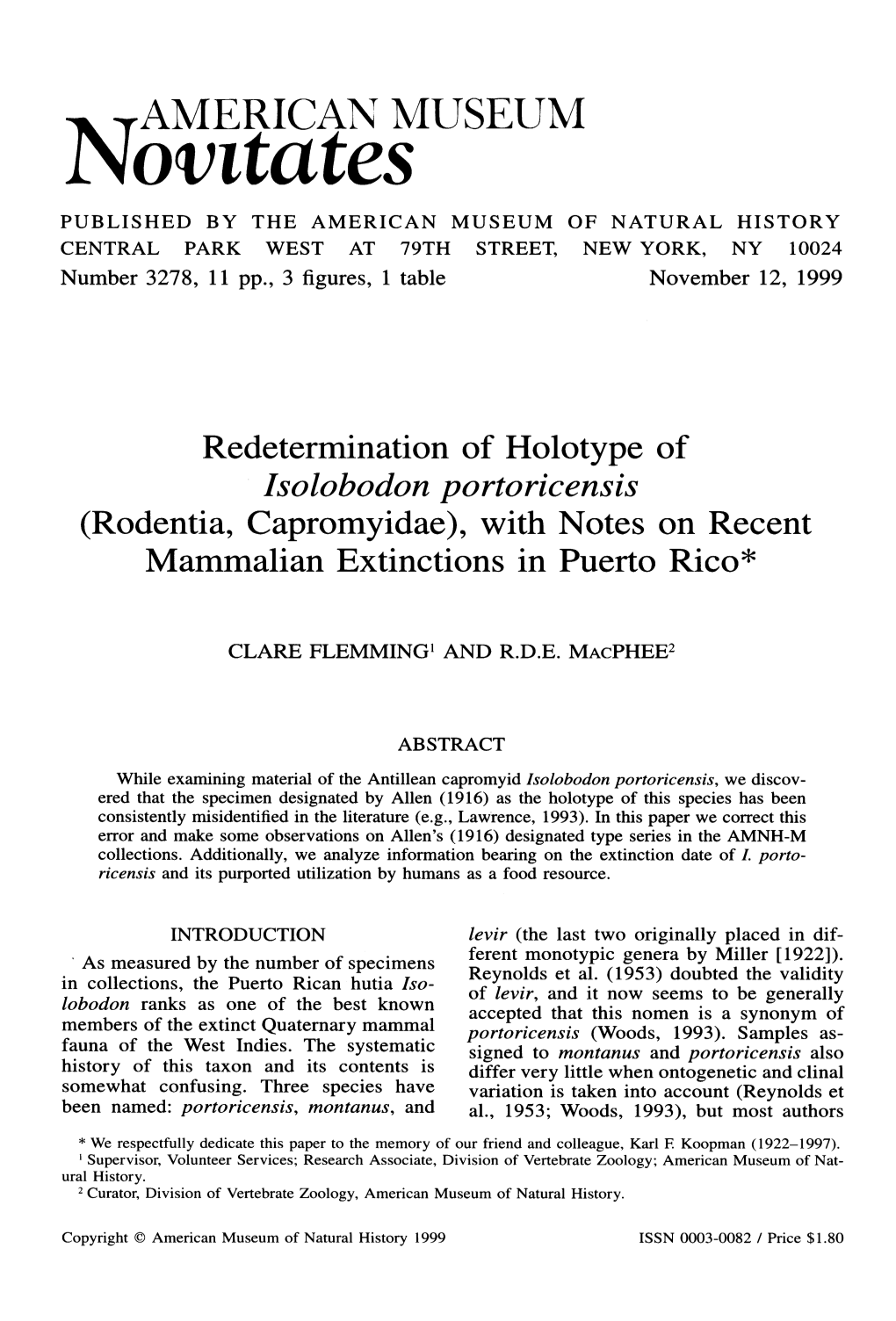 Isolobodon Portoricensis (Rodentia, Capromyidae), with Notes on Recent Mammalian Extinctions in Puerto Rico*