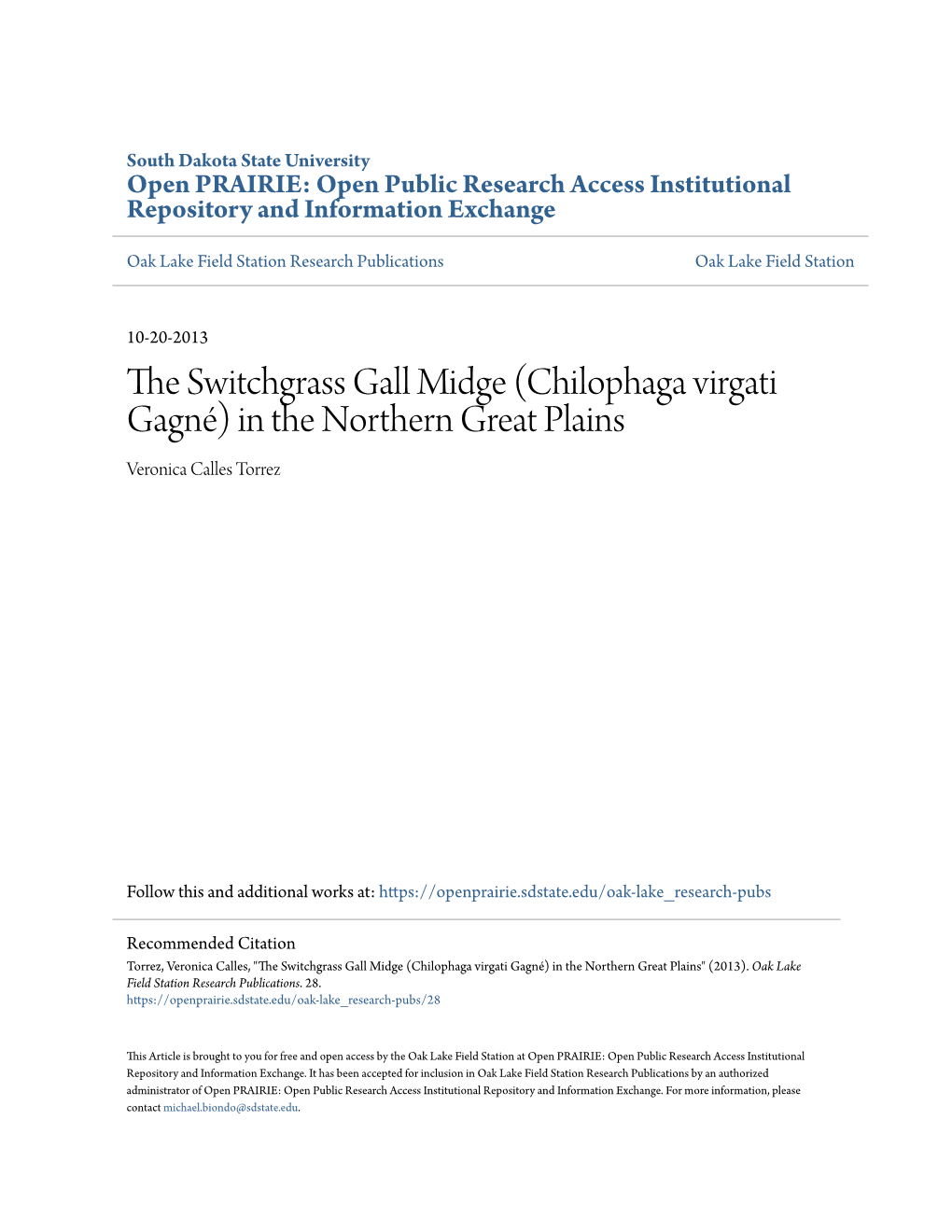 The Switchgrass Gall Midge (Chilophaga Virgati Gagné) in the Northern Great Plains