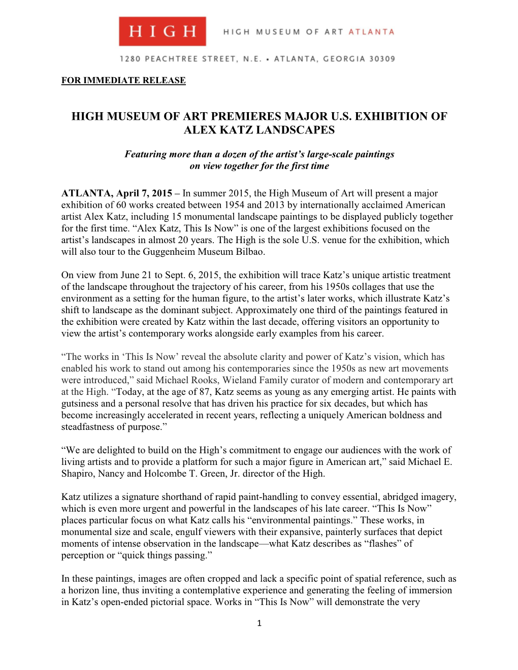 High Museum of Art Premieres Major U.S. Exhibition of Alex Katz Landscapes