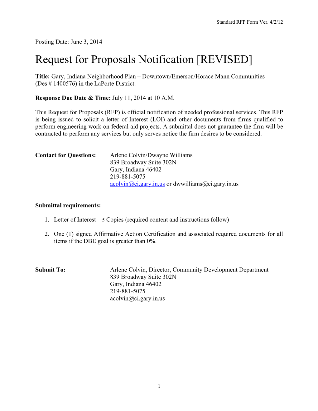 Request for Proposals Notification [REVISED]