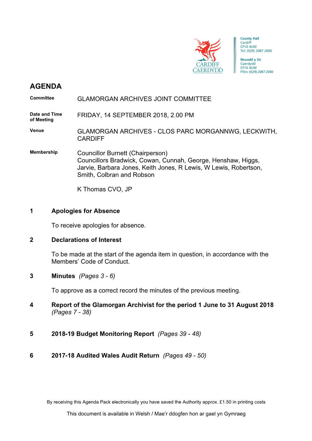 (Public Pack)Agenda Document for Glamorgan Archives Joint