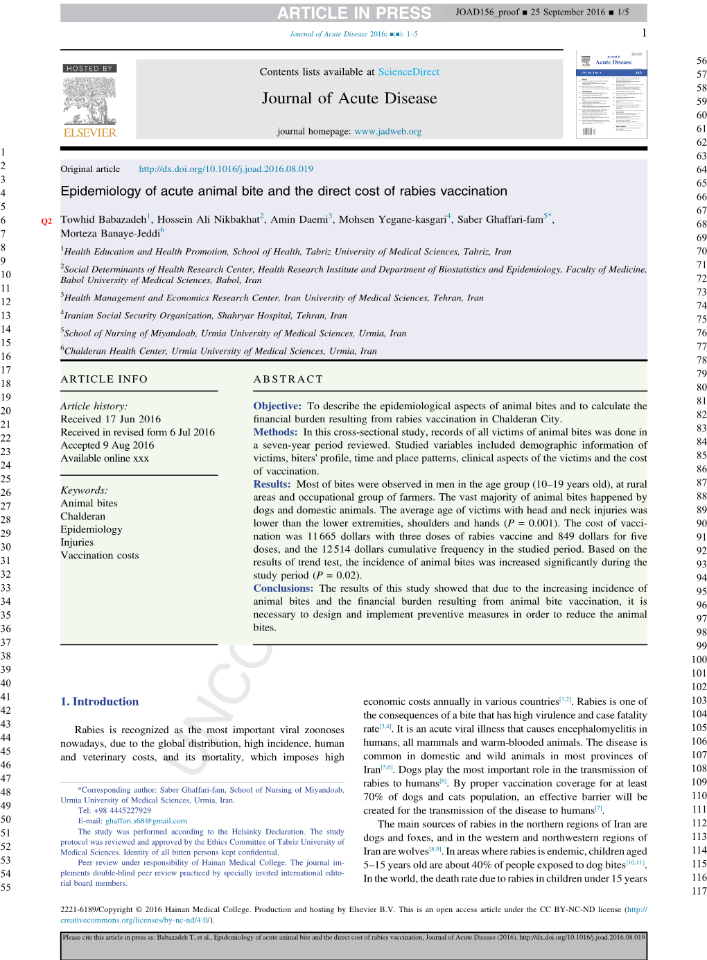 Epidemiology of Acute Animal Bite and the Direct Cost of Rabies Vaccination