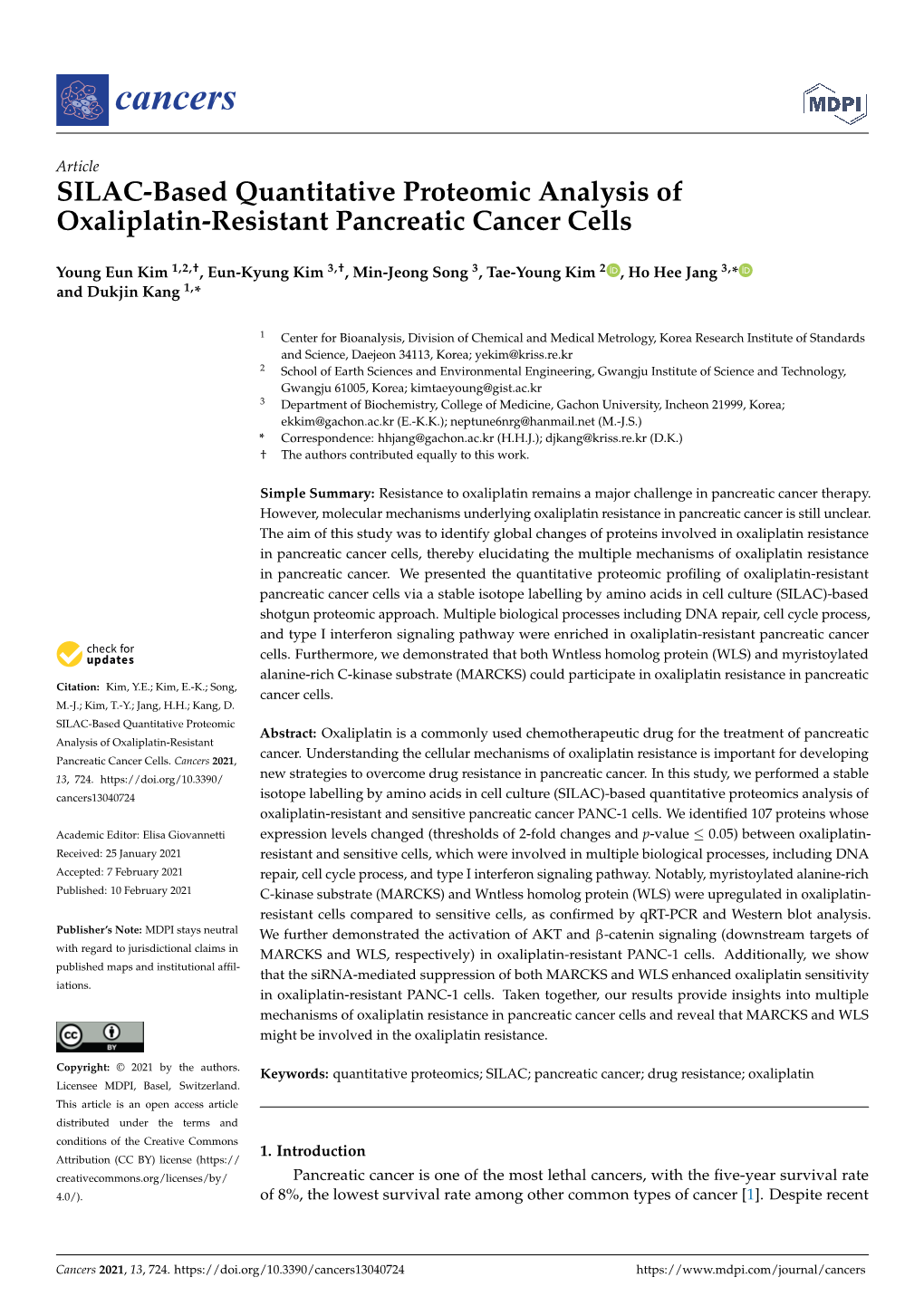 SILAC-Based Quantitative Proteomic Analysis of Oxaliplatin-Resistant Pancreatic Cancer Cells