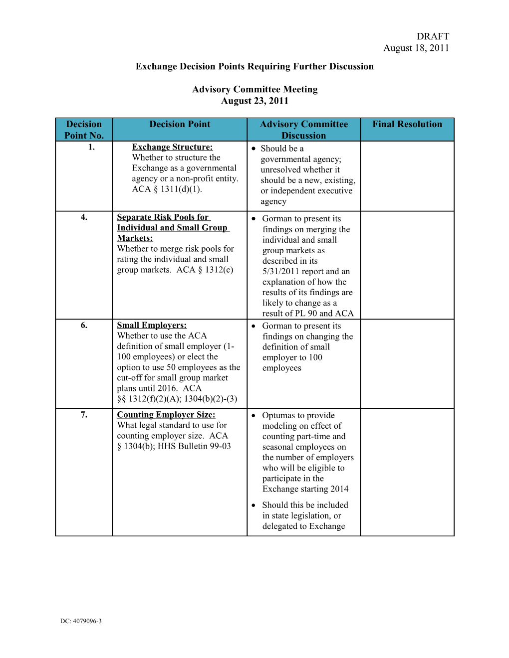 Exchange Decision Points Requiring Further Discussion