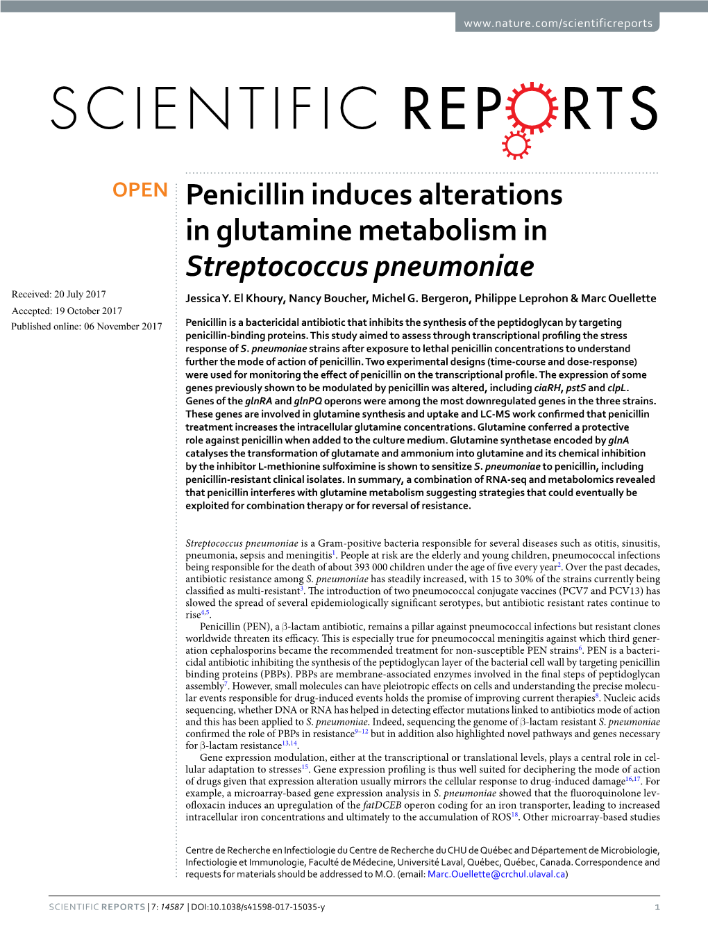 Penicillin Induces Alterations in Glutamine Metabolism in Streptococcus Pneumoniae Received: 20 July 2017 Jessica Y