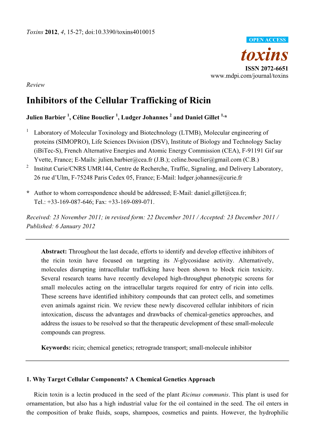 Inhibitors of the Cellular Trafficking of Ricin
