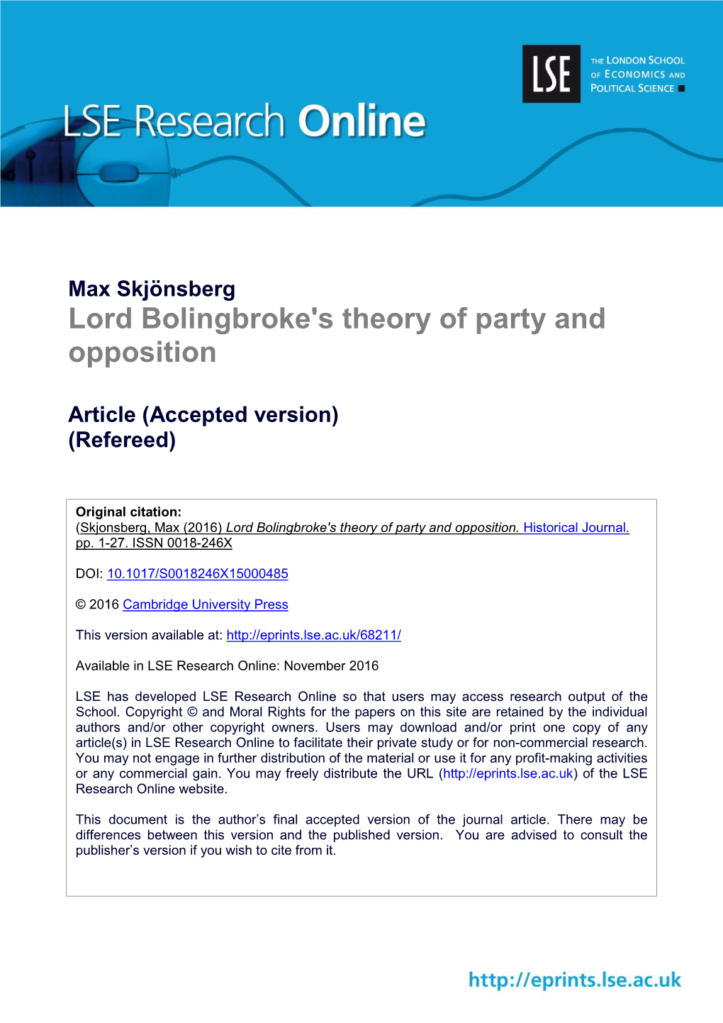 Max Skjönsberg Lord Bolingbroke's Theory of Party and Opposition