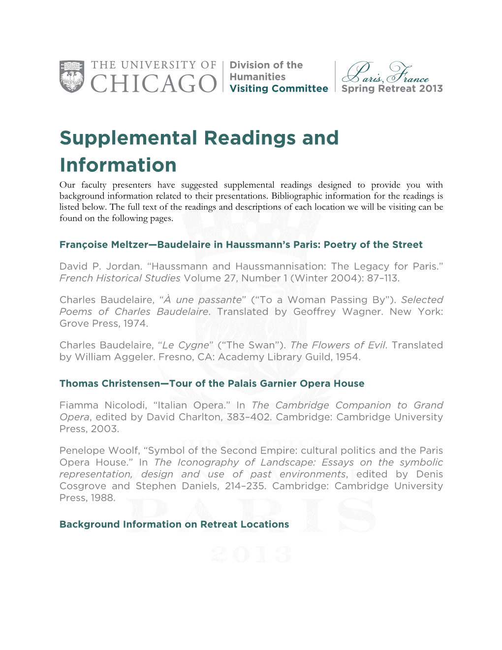 Supplemental Readings and Information