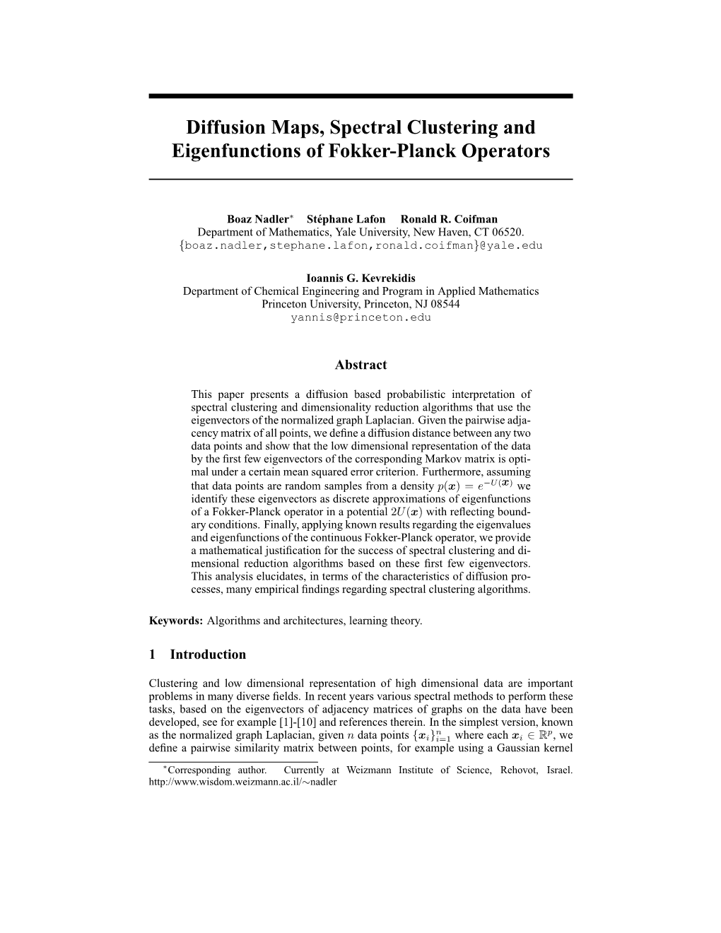 Diffusion Maps, Spectral Clustering and Eigenfunctions of Fokker-Planck Operators