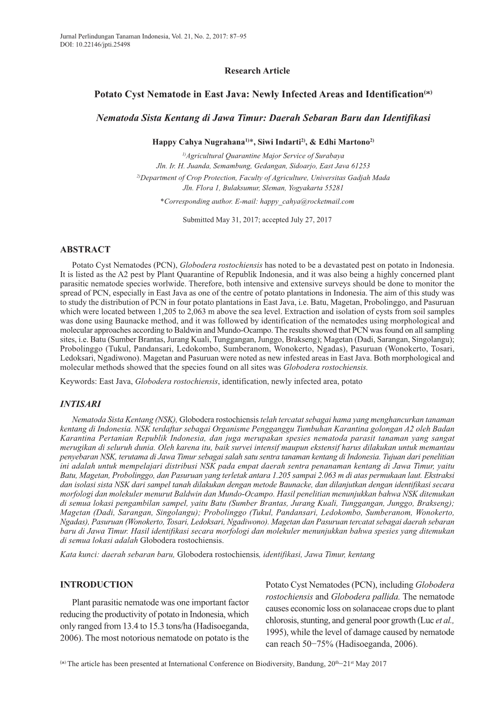 Potato Cyst Nematode in East Java: Newly Infected Areas and Identification (Ж)