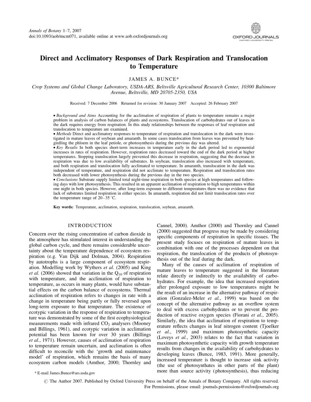 Direct and Acclimatory Responses of Dark Respiration and Translocation to Temperature