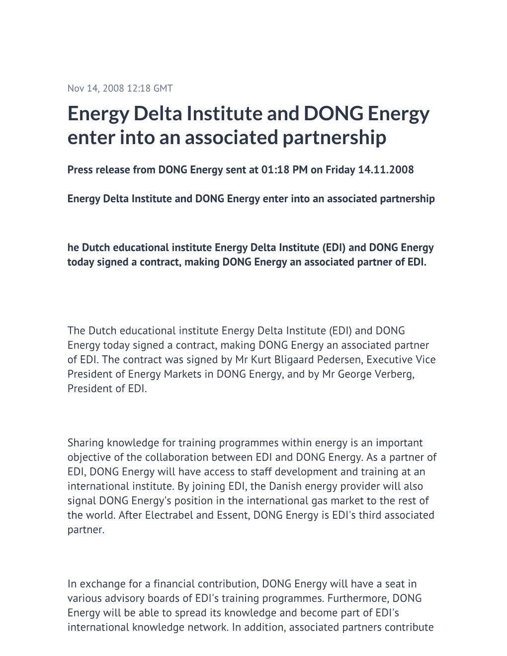 Energy Delta Institute and DONG Energy Enter Into an Associated Partnership