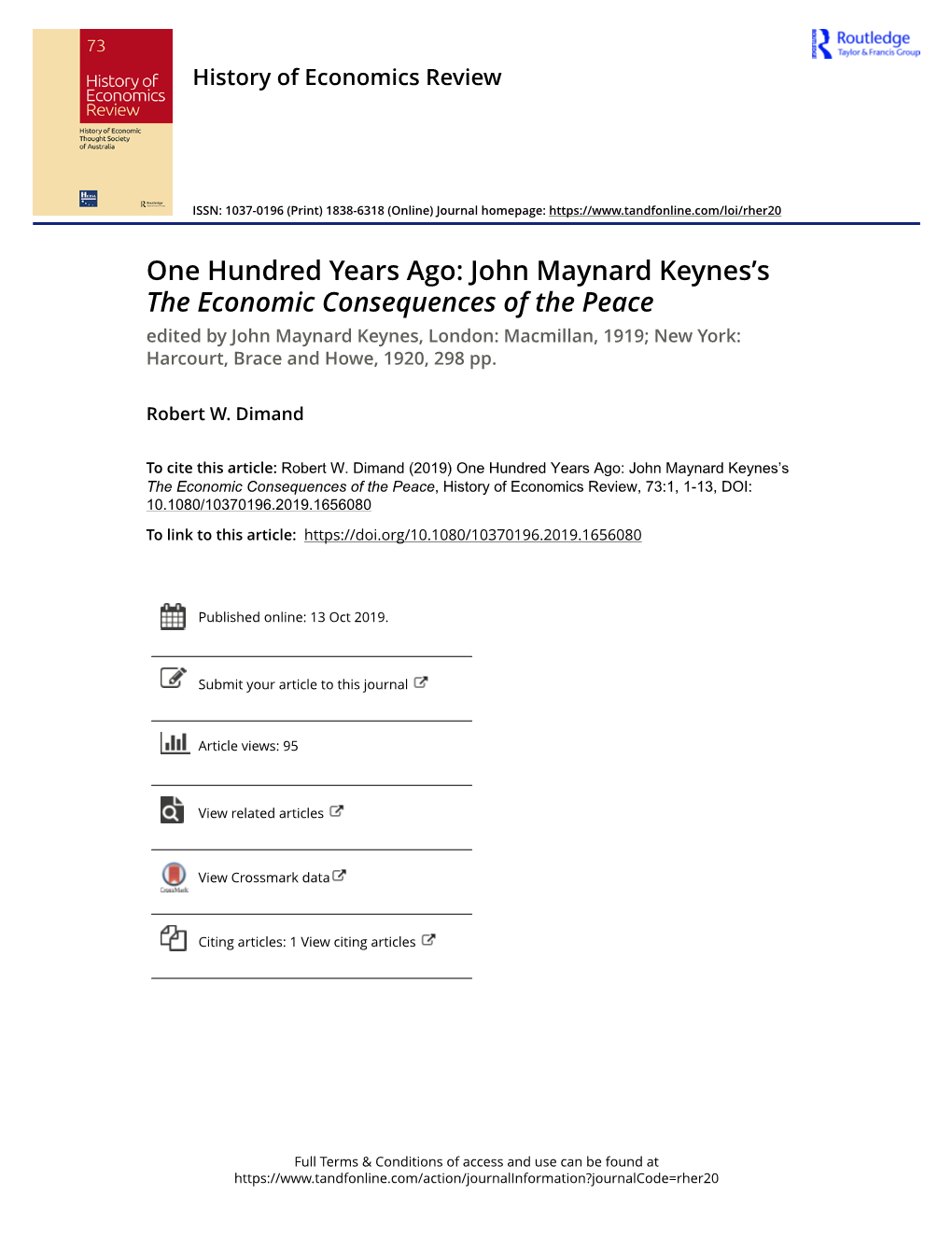 One Hundred Years Ago: John Maynard Keynes's the Economic Consequences of the Peace