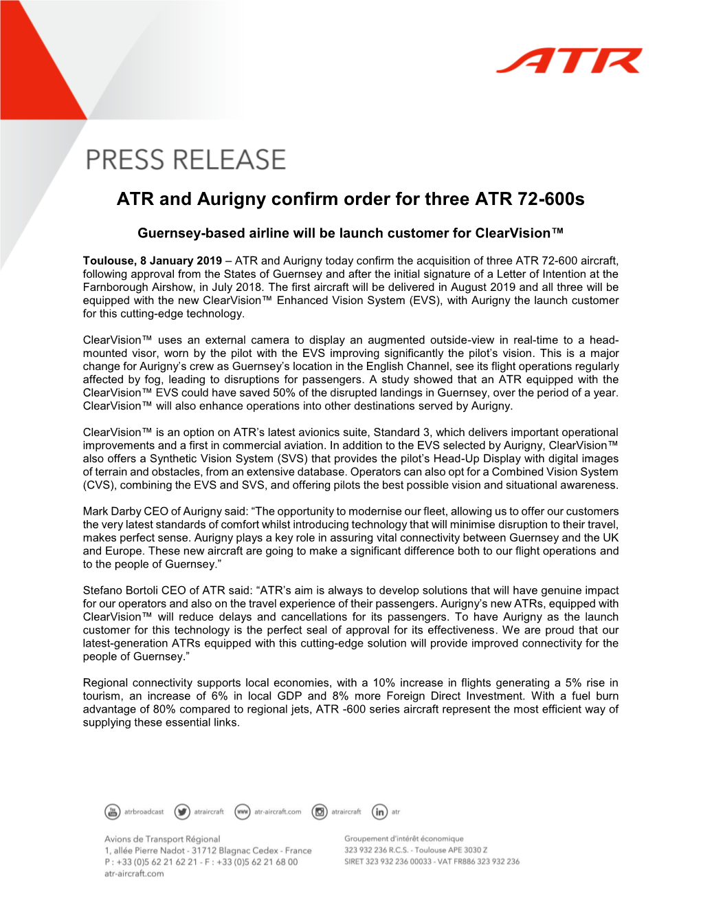 ATR and Aurigny Confirm Order for Three ATR 72-600S