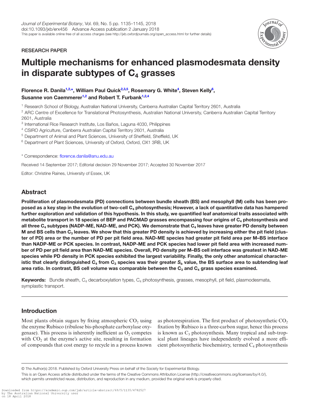 Multiple Mechanisms for Enhanced Plasmodesmata Density in Disparate Subtypes of C4 Grasses