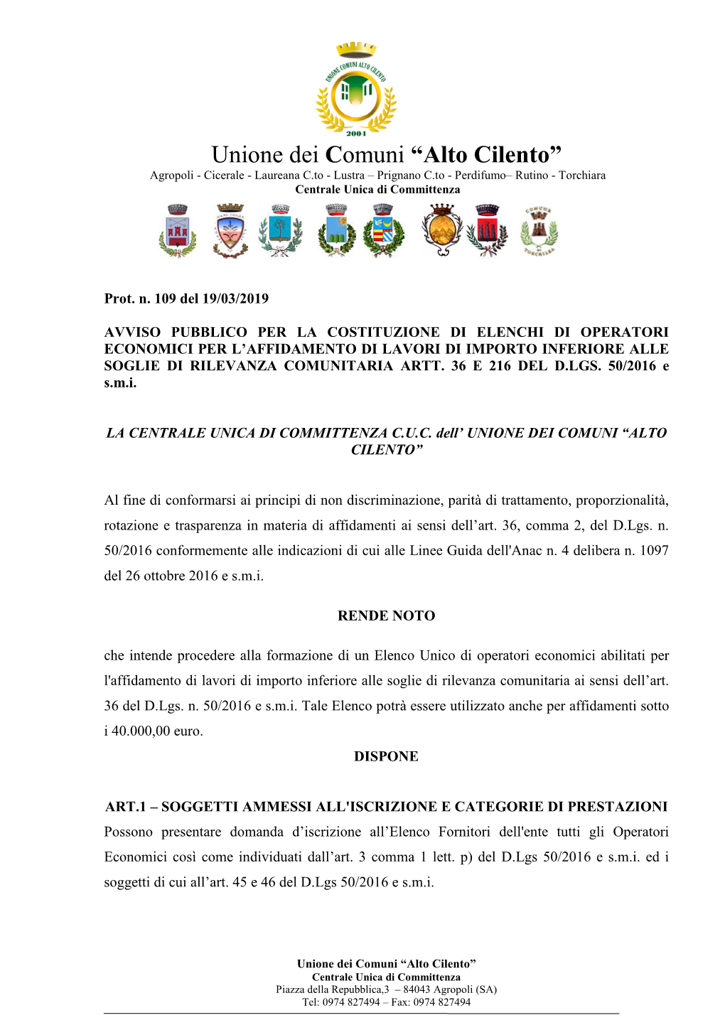 Avviso Pubblico Per La Costituzione Di Elenchi Di Operatori Economici Per L’Affidamento Di Lavori Di Importo Inferiore Alle Soglie Di Rilevanza Comunitaria Artt