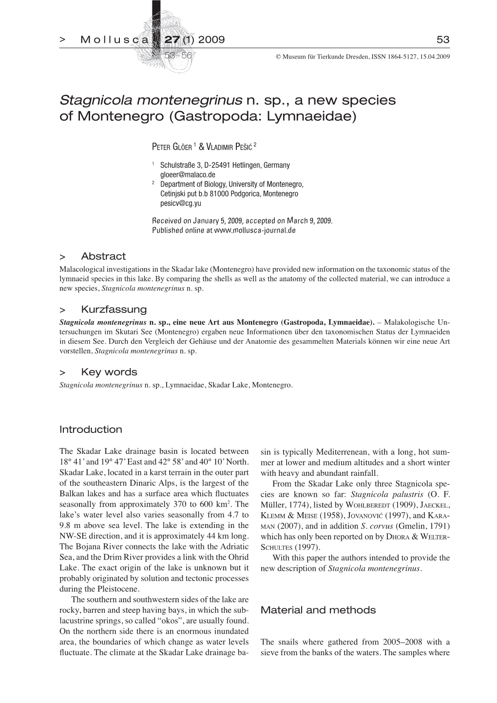 Stagnicola Montenegrinus N. Sp., a New Species of Montenegro (Gastropoda: Lymnaeidae)