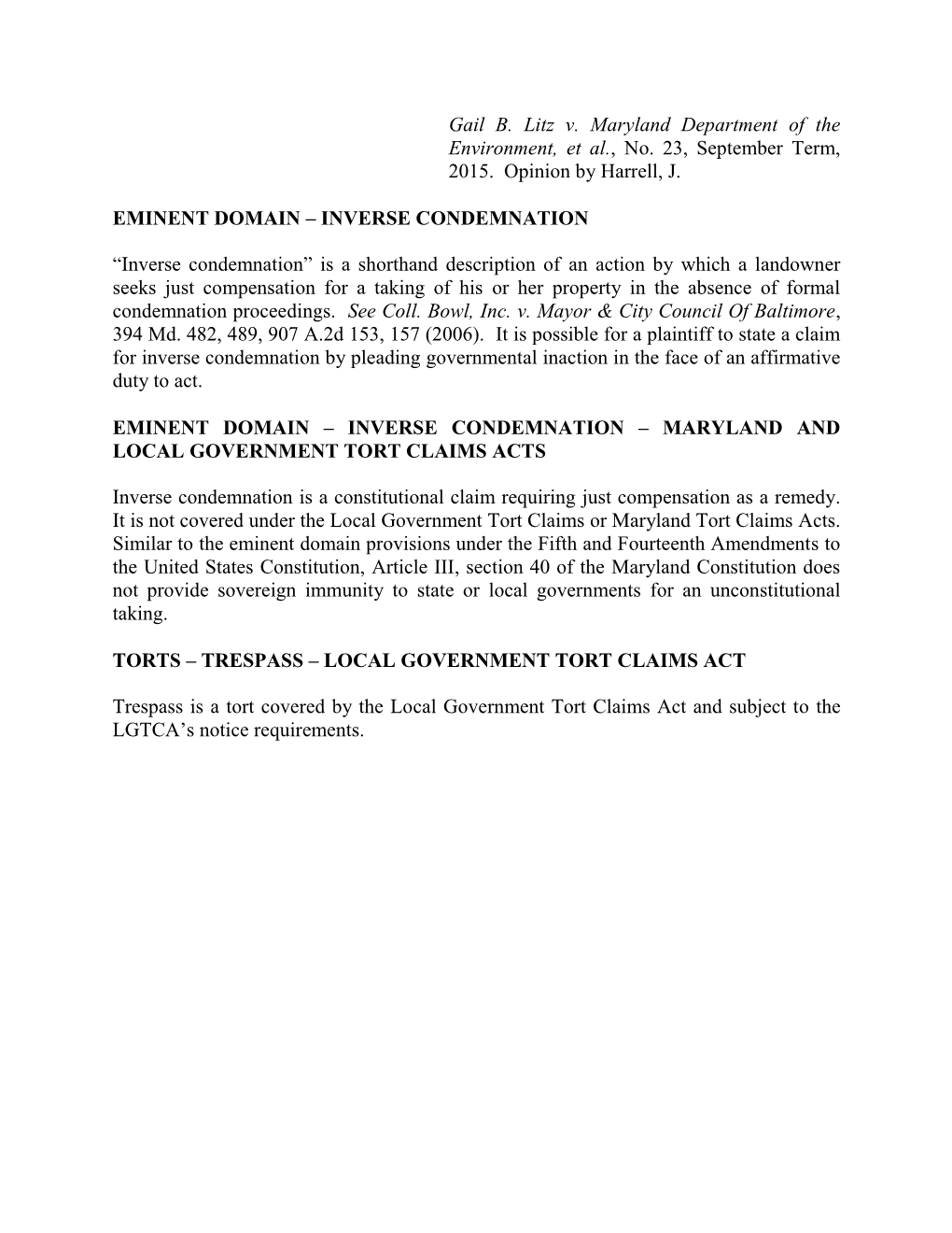 Gail B. Litz V. Maryland Department of the Environment, Et Al., No. 23, September Term, 2015