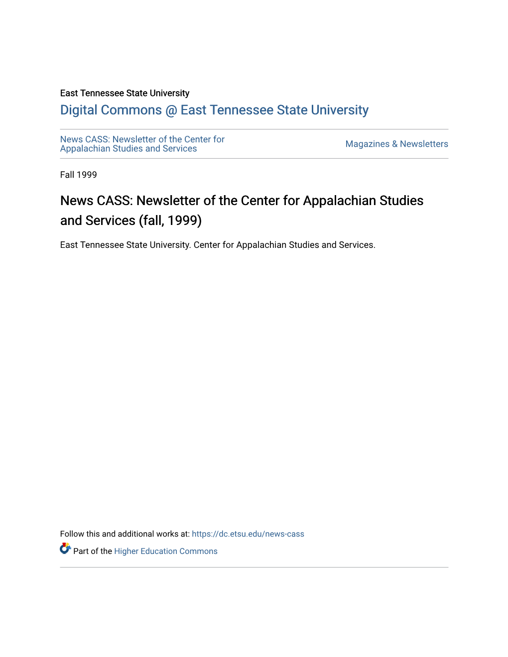 News CASS: Newsletter of the Center for Appalachian Studies and Services Magazines & Newsletters