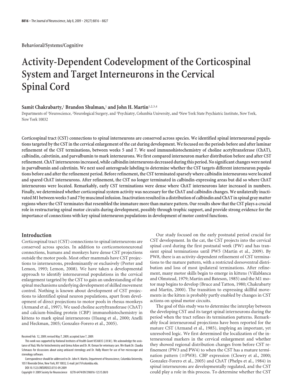 Activity-Dependent Codevelopment of the Corticospinal System and Target Interneurons in the Cervical Spinal Cord