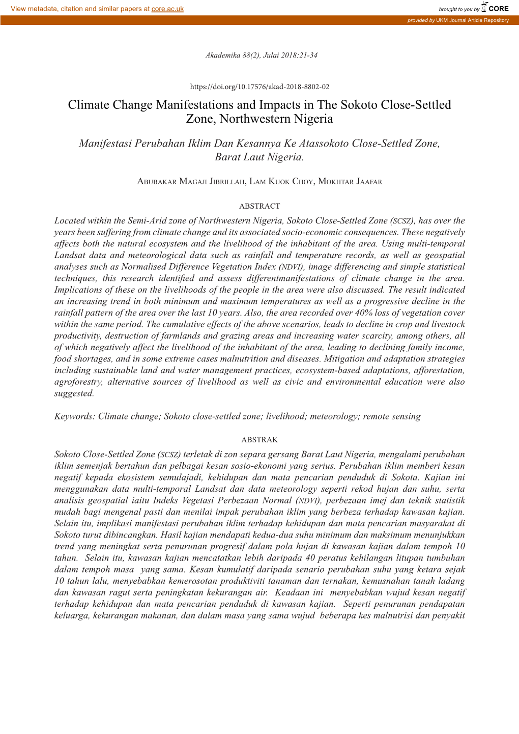 Climate Change Manifestations and Impacts in the Sokoto Close-Settled Zone, Northwestern Nigeria