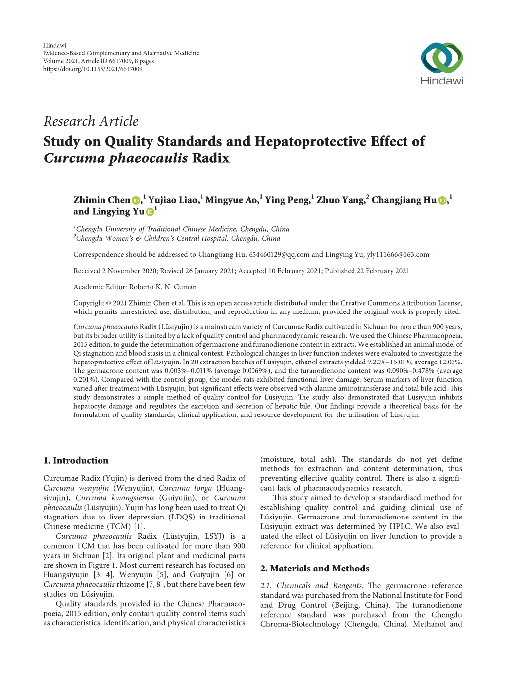 Study on Quality Standards and Hepatoprotective Effect of Curcuma Phaeocaulis Radix