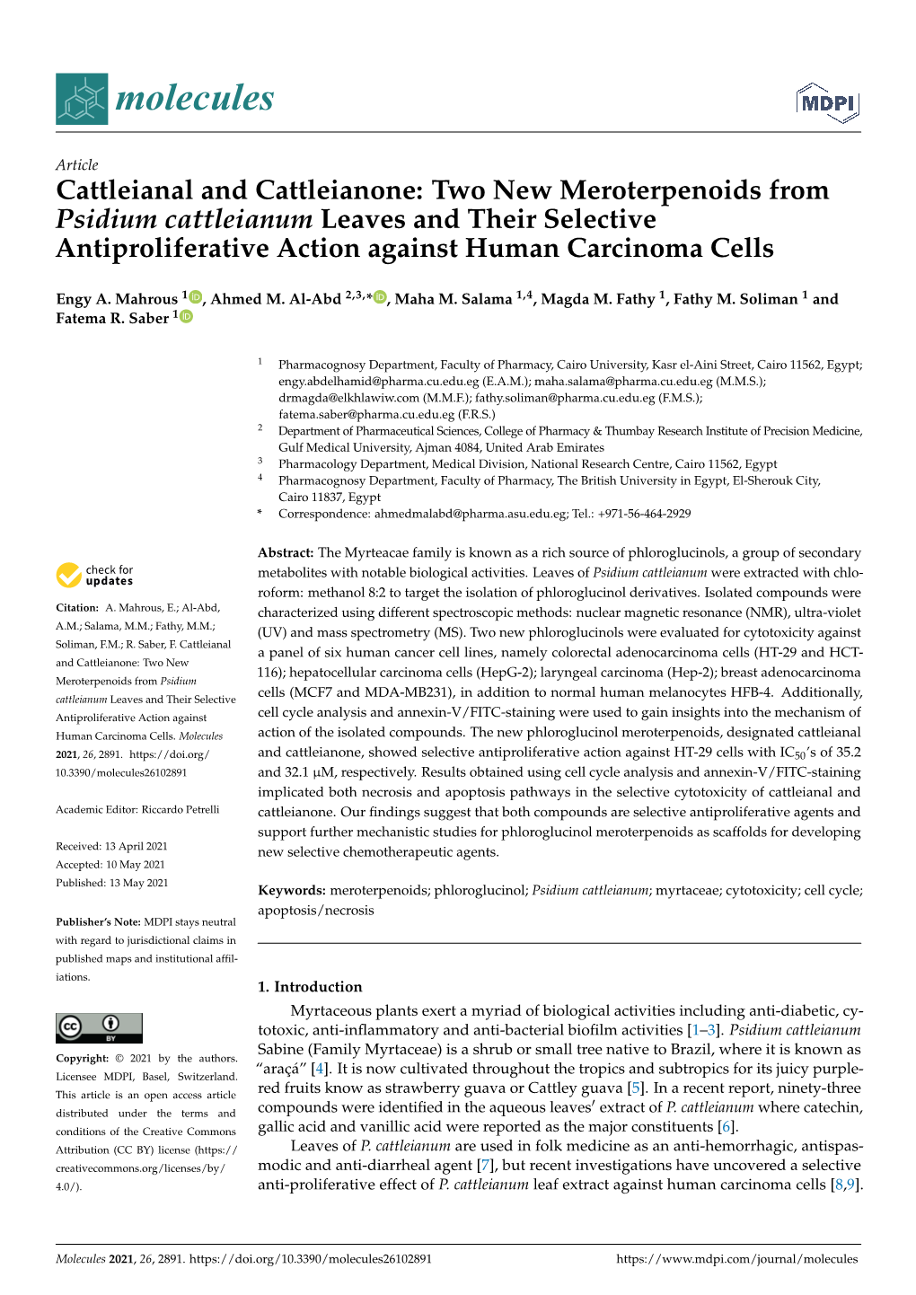 Two New Meroterpenoids from Psidium Cattleianum Leaves and Their Selective Antiproliferative Action Against Human Carcinoma Cells