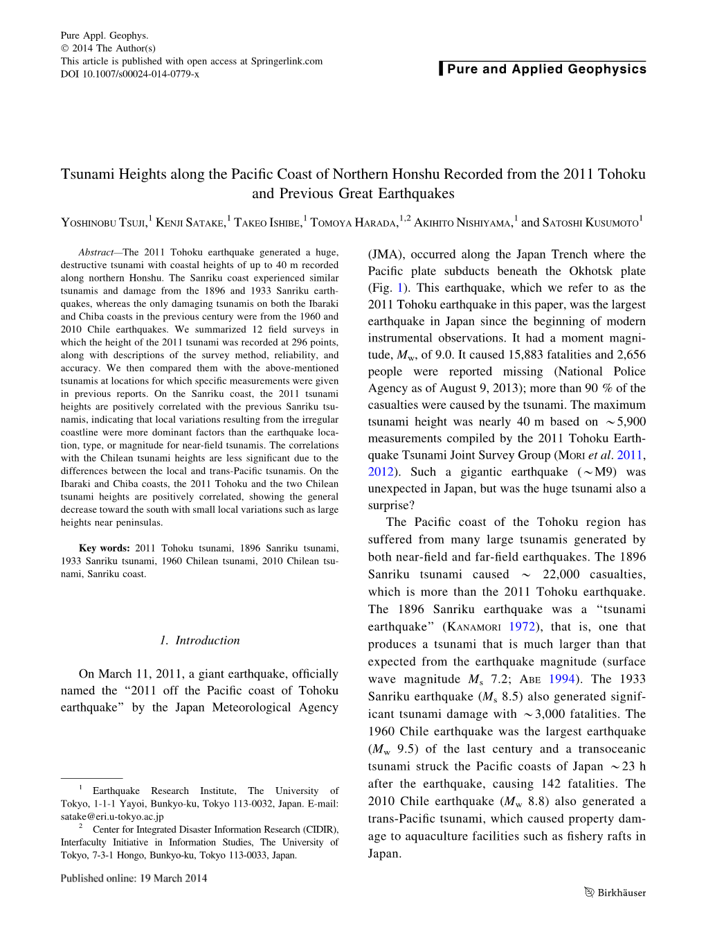 Tsunami Heights Along the Pacific Coast of Northern Honshu Recorded from the 2011 Tohoku and Previous Great Earthquakes