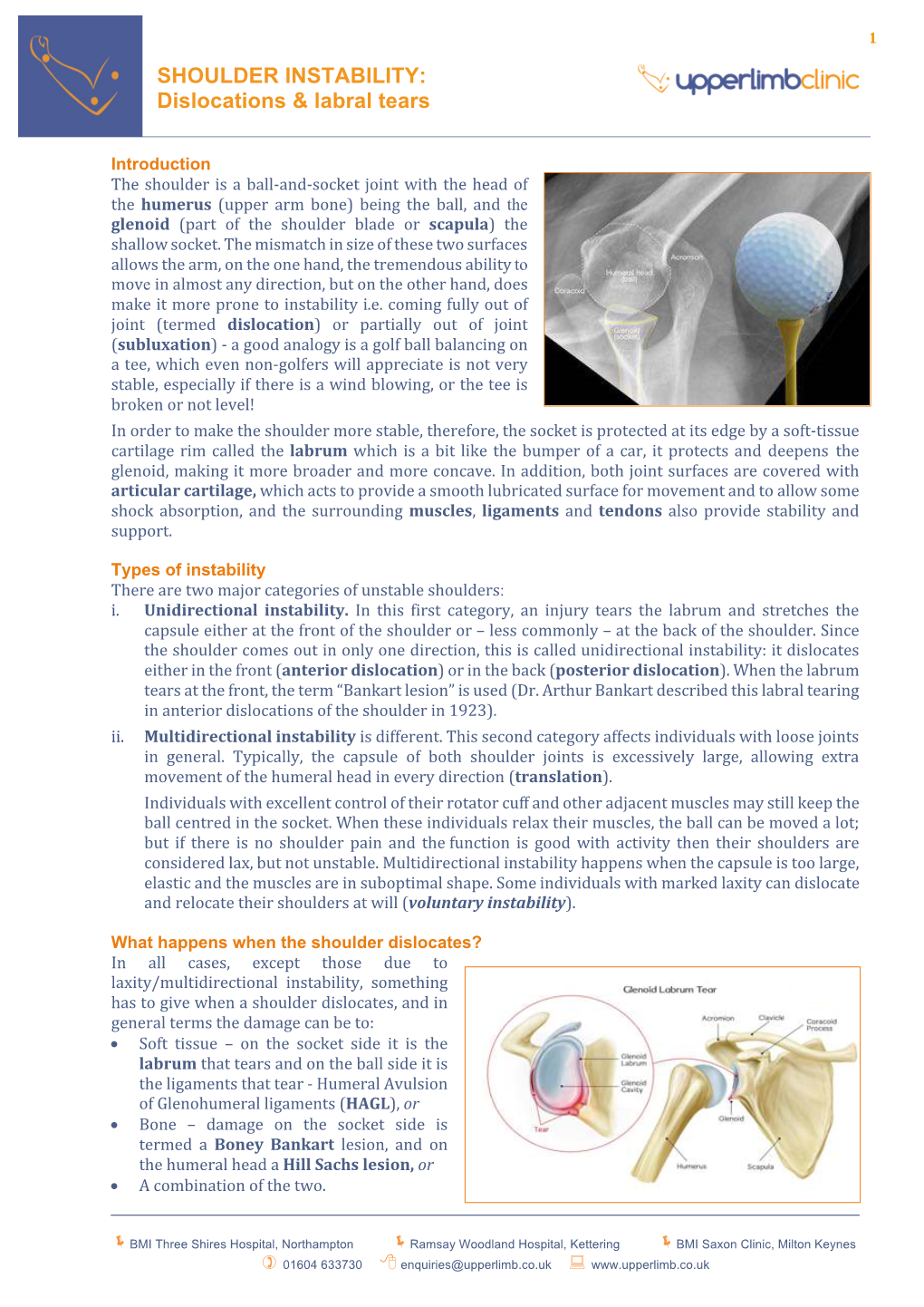 SHOULDER INSTABILITY: Dislocations & Labral Tears