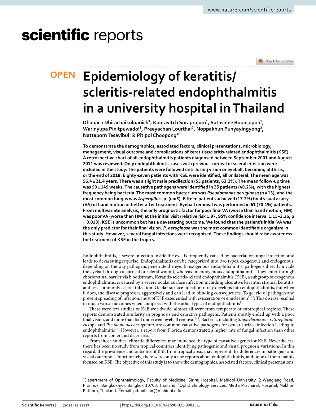 Scleritis‑Related Endophthalmitis in a University Hospital in Thailand