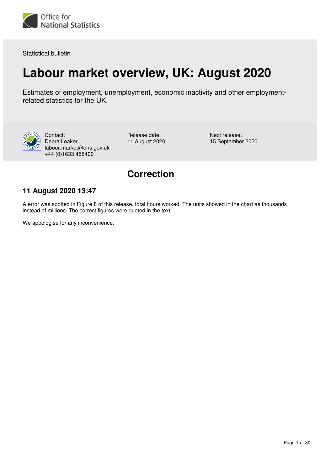 Labour Market Overview, UK: August 2020