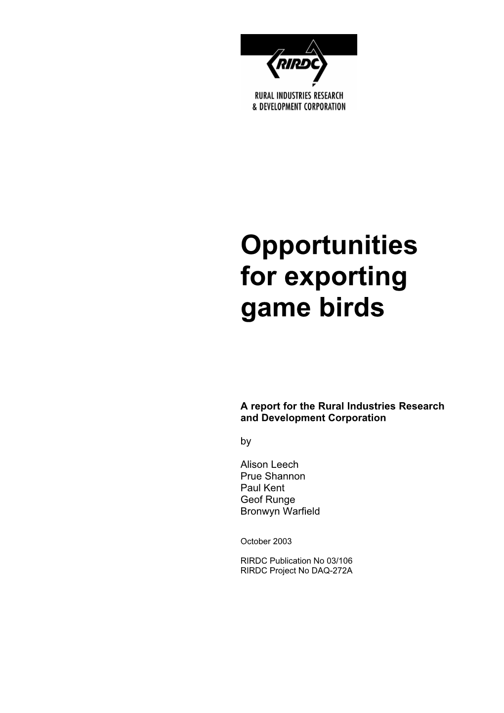 Opportunities for Exporting Game Birds