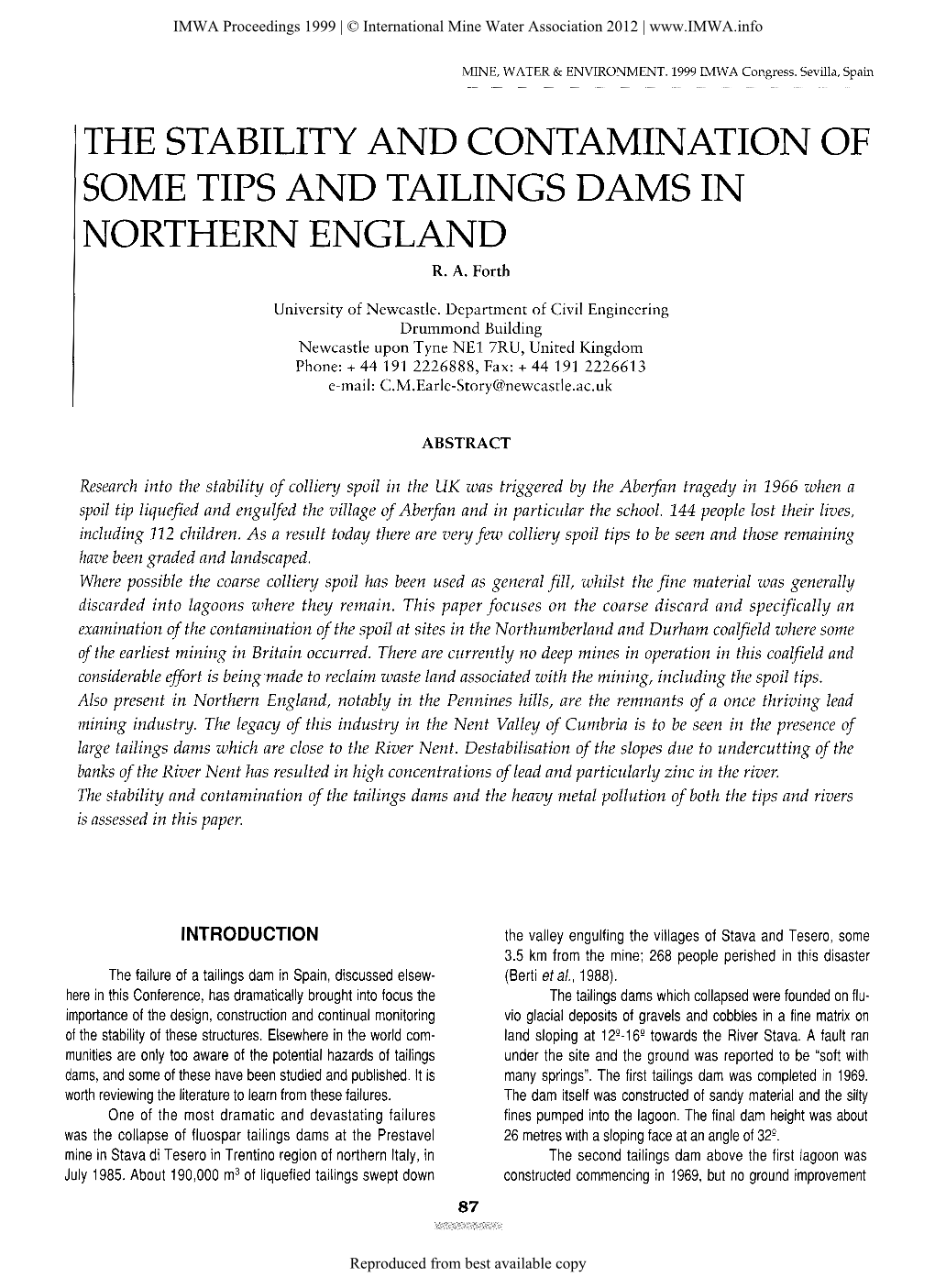 The Stability and Contamination of Some Tips and Tailings Dams in Northern England R