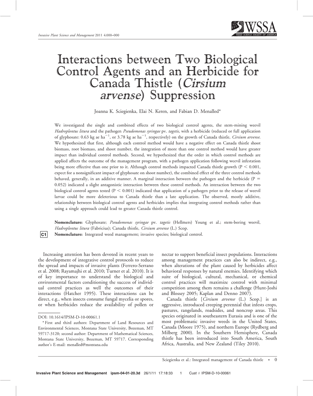 Cirsium Arvense) Suppression