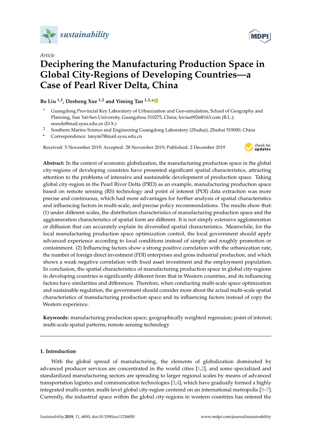Deciphering the Manufacturing Production Space in Global City-Regions of Developing Countries—A Case of Pearl River Delta, China