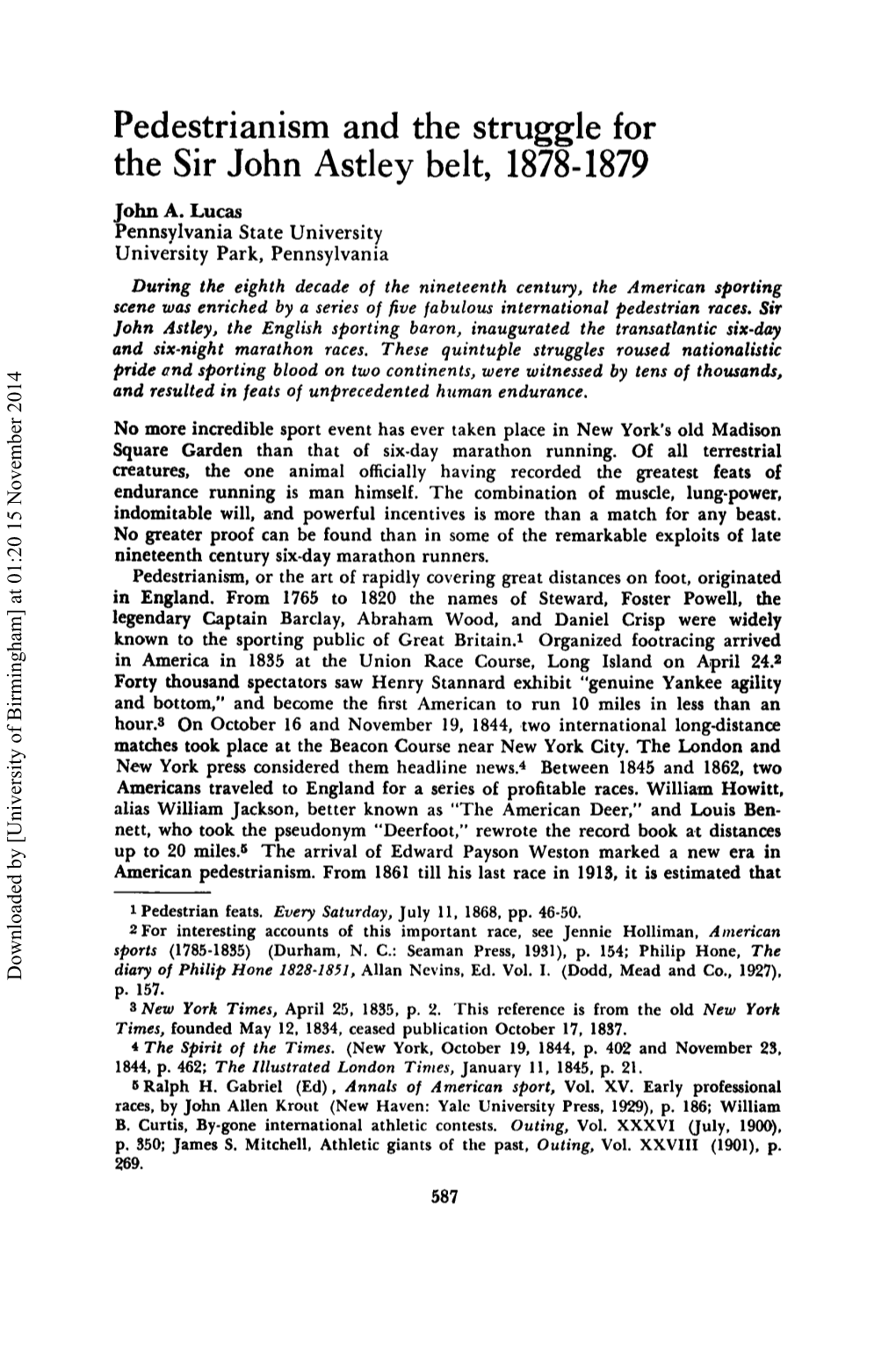 Pedestrianism and the Struggle for the Sir John Astley Belt, 1878-1879 John A