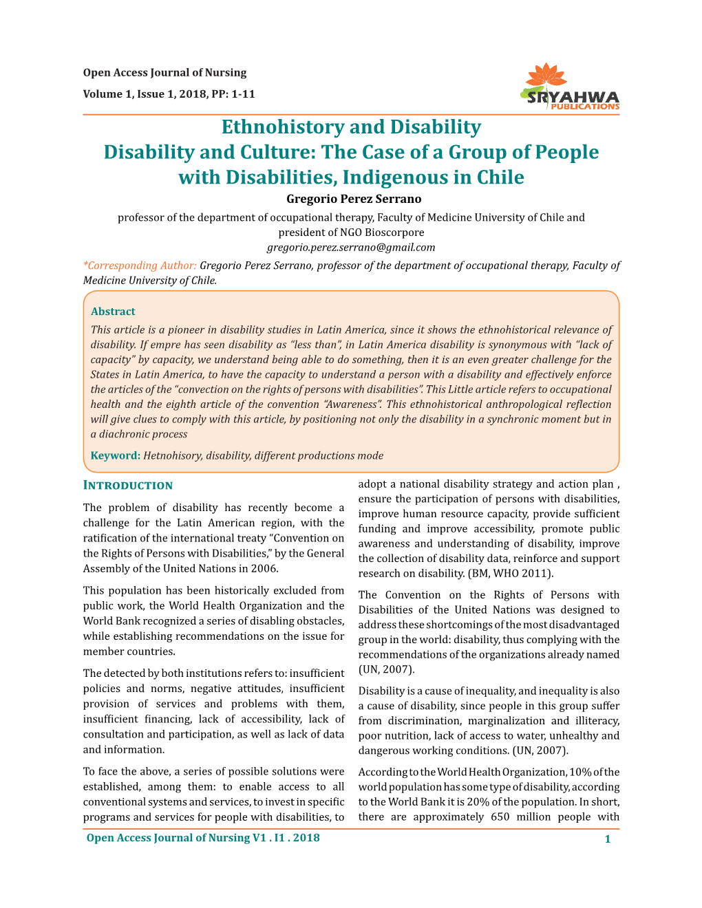 The Case of a Group of People with Disabilities, Indigenous in Chile Gregorio Perez Serrano