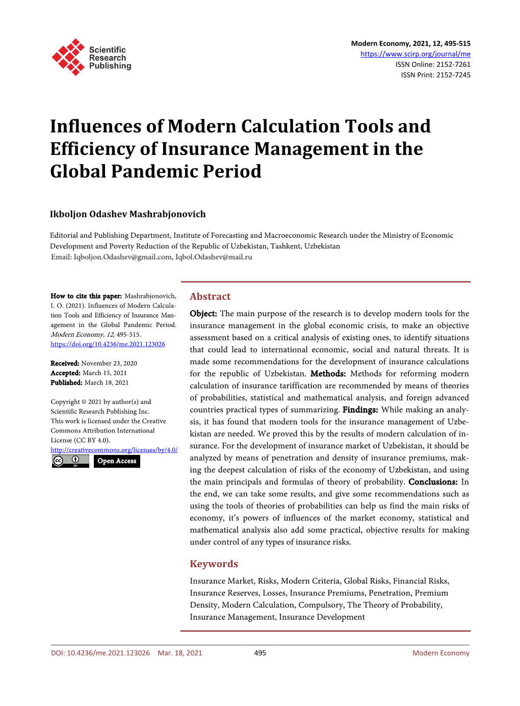 Influences of Modern Calculation Tools and Efficiency of Insurance Management in the Global Pandemic Period