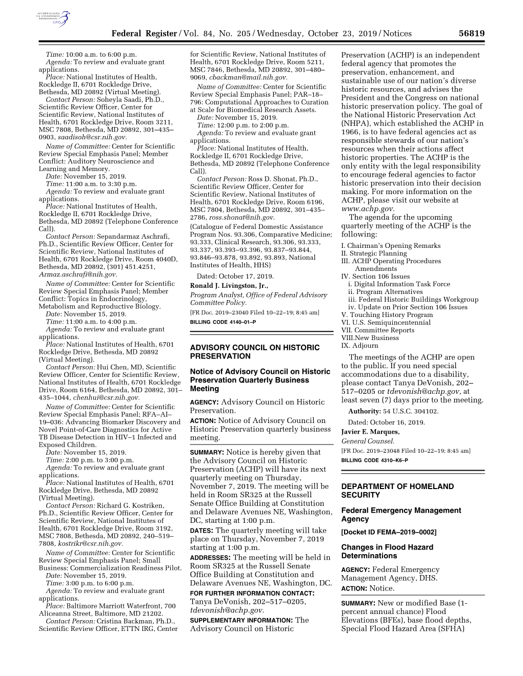 Federal Register/Vol. 84, No. 205/Wednesday, October 23, 2019/Notices