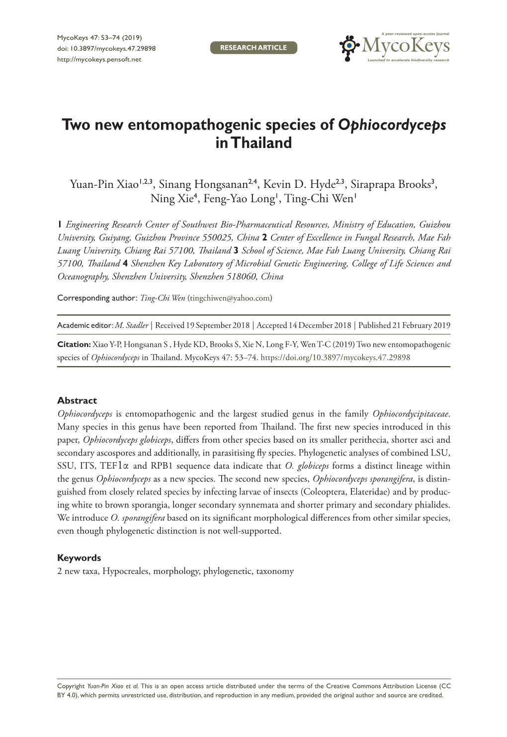 Two New Entomopathogenic Species of Ophiocordyceps in Thailand