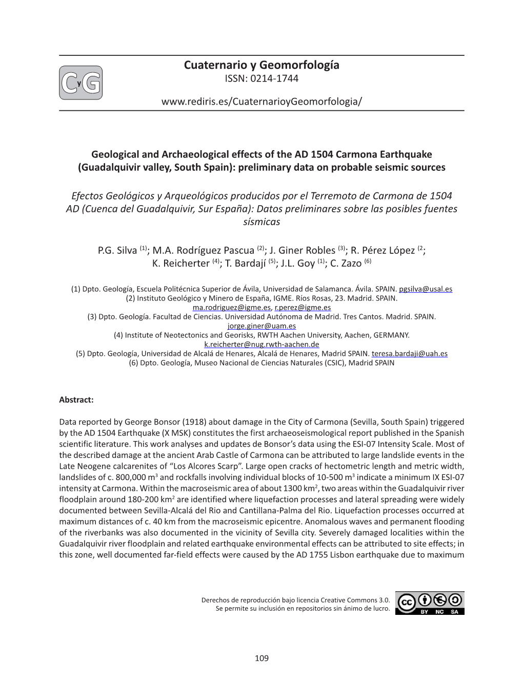 Cuaternario Y Geomorfología Y ISSN: 0214-1744 C G