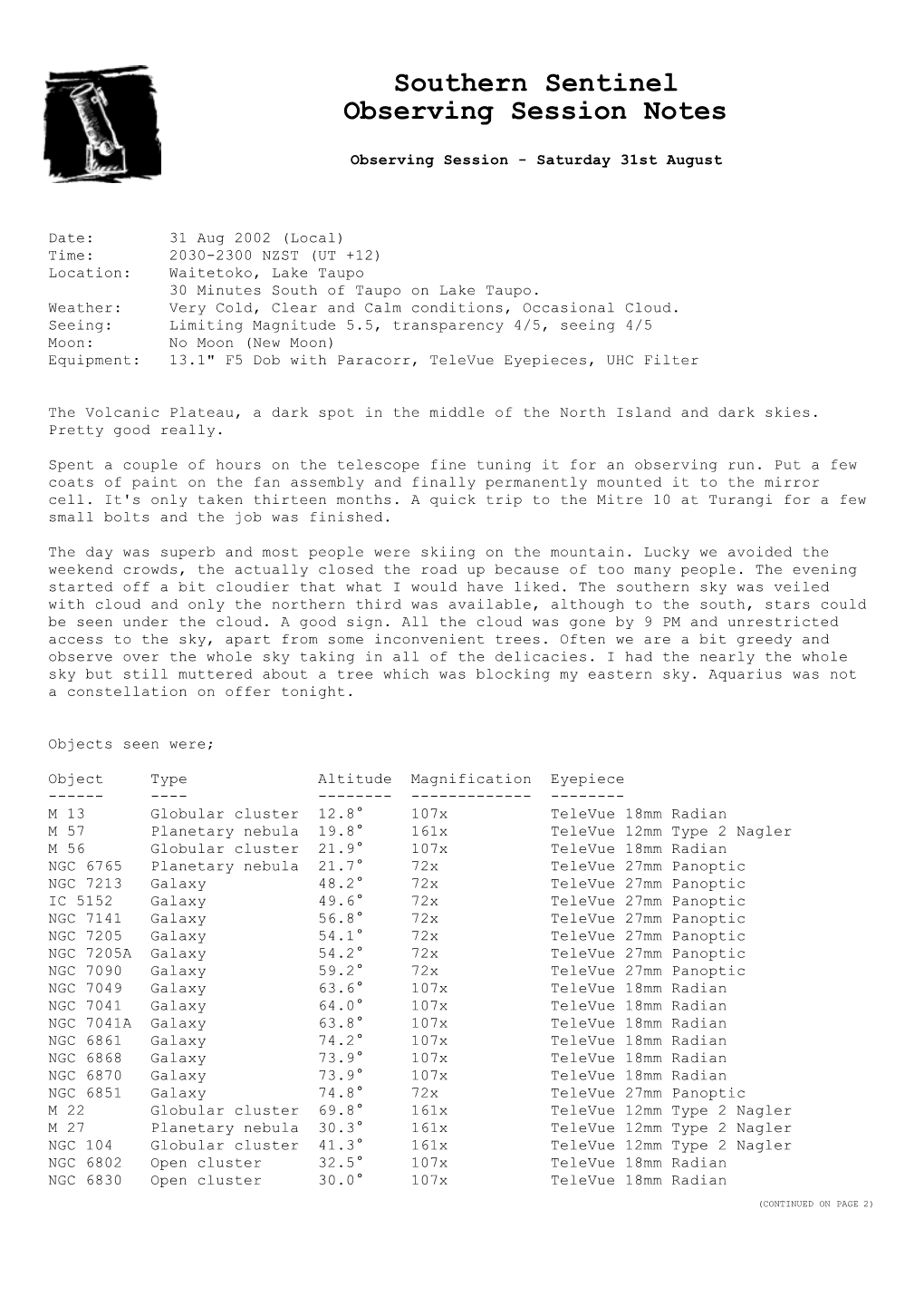 Southern Sentinel Observing Session Notes