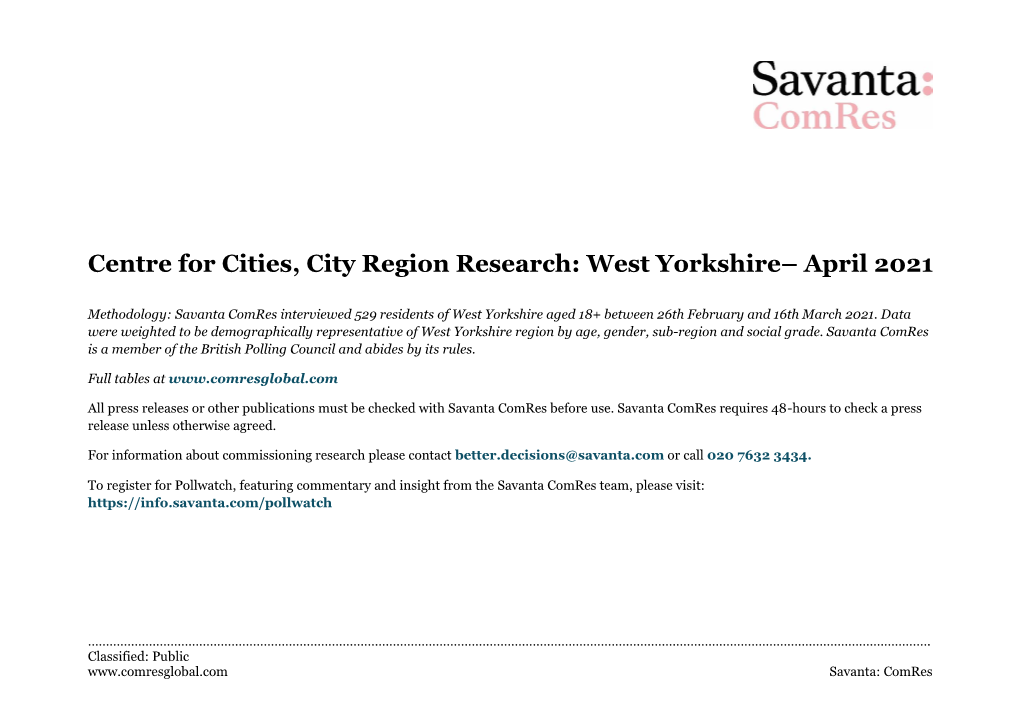 Centre for Cities, City Region Research: West Yorkshire– April 2021