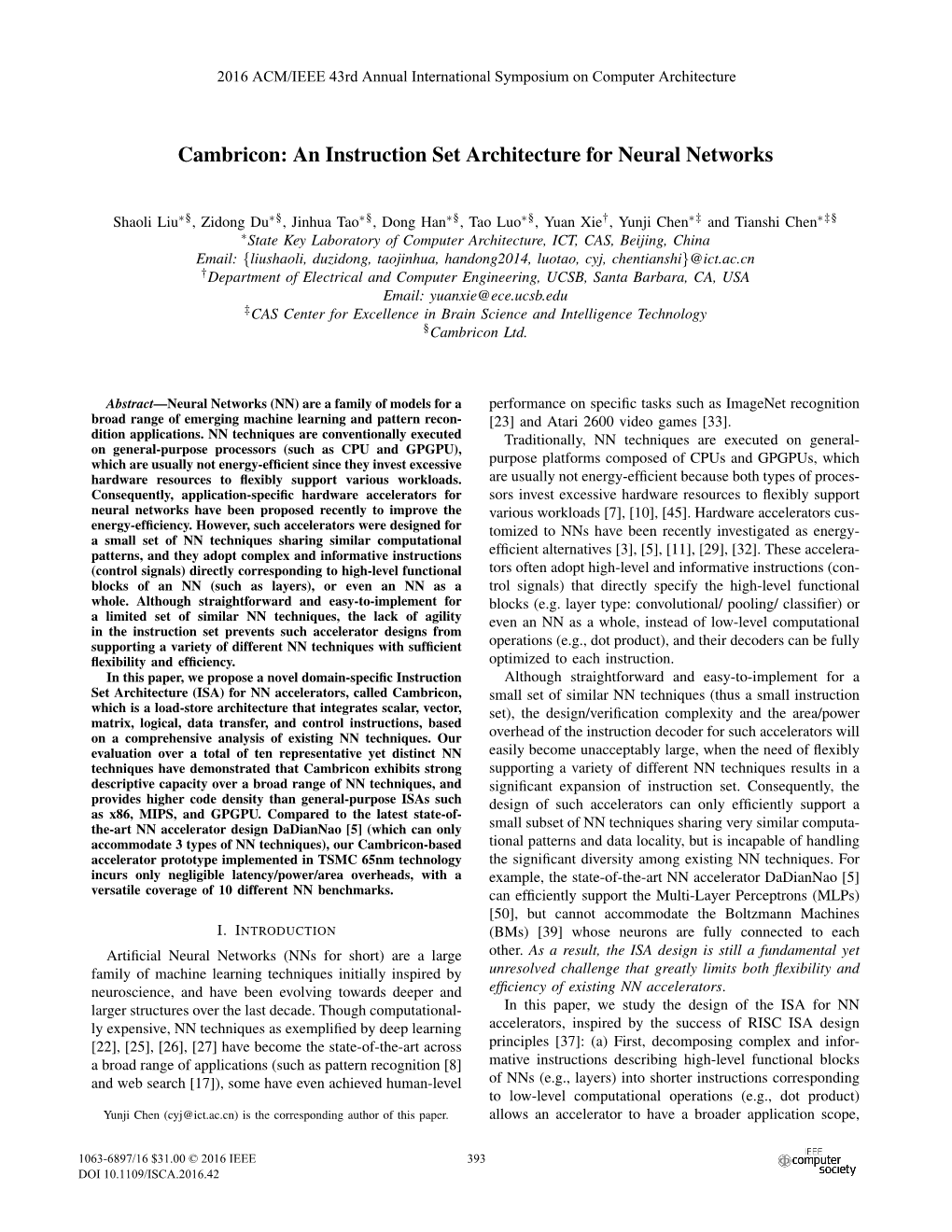 Cambricon: an Instruction Set Architecture for Neural Networks