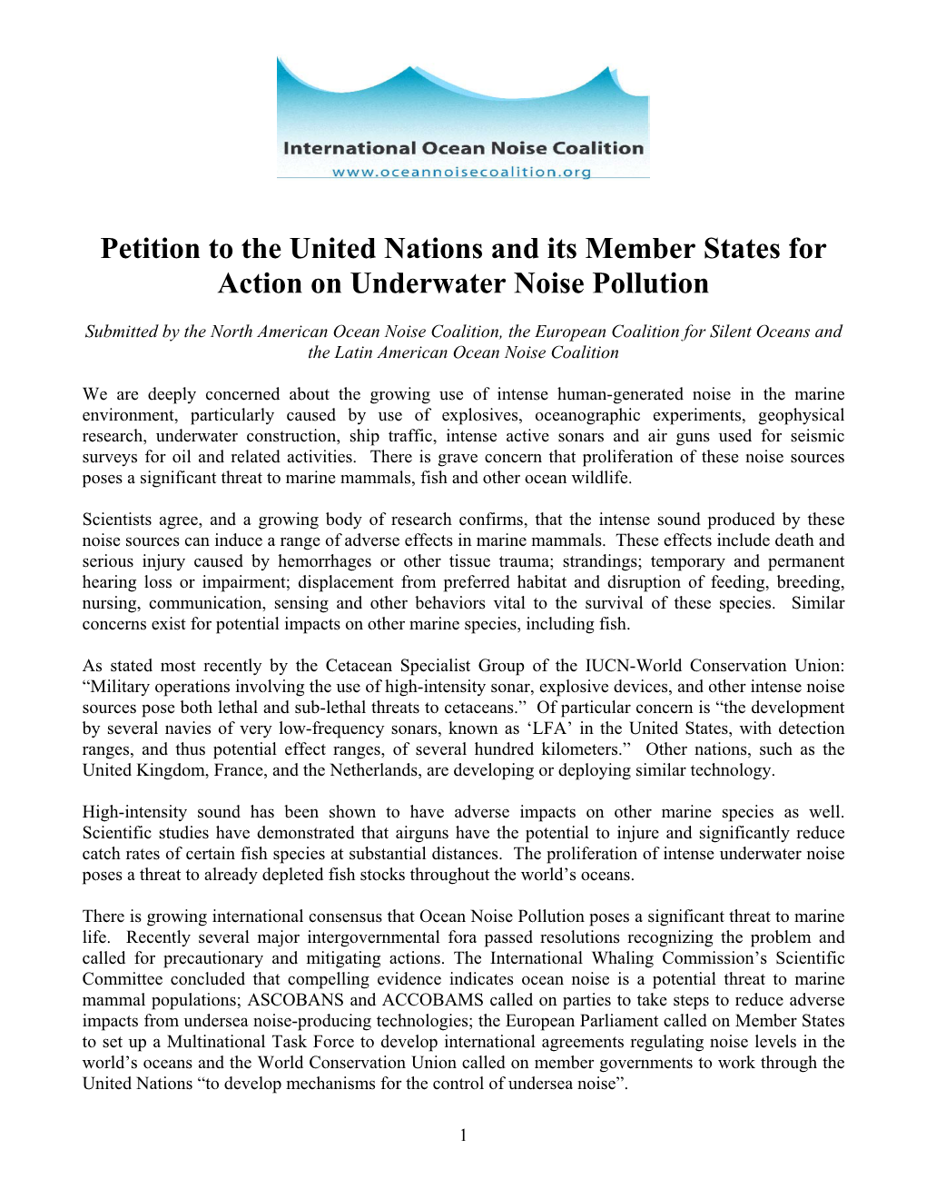 Petition to the United Nations and Its Member States for Action on Underwater Noise Pollution