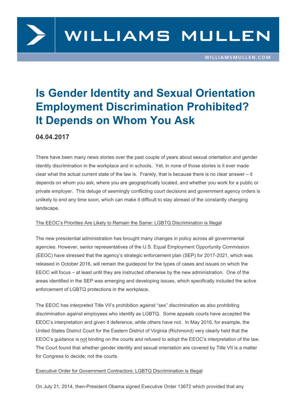 Is Gender Identity and Sexual Orientation Employment Discrimination Prohibited? It Depends on Whom You Ask