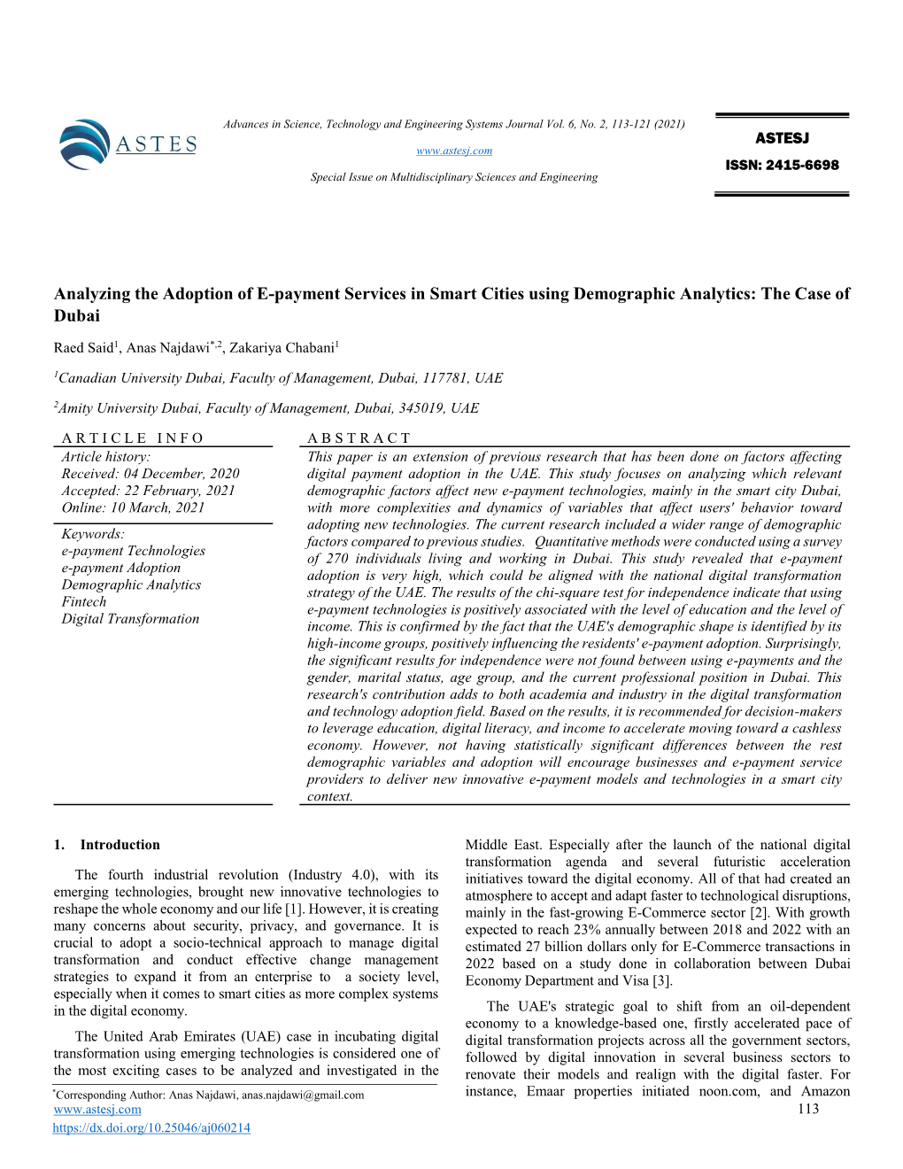 Analyzing the Adoption of E-Payment Services in Smart Cities Using Demographic Analytics: the Case of Dubai