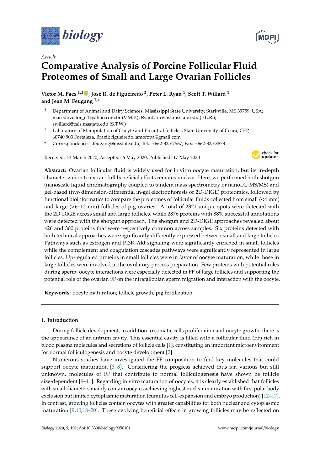 Comparative Analysis of Porcine Follicular Fluid Proteomes of Small and Large Ovarian Follicles